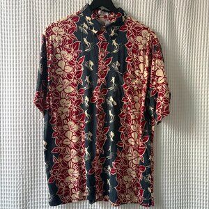Vintage Marc Edwards aloha tiki tropical Hawaiian surfer print shirt men's large